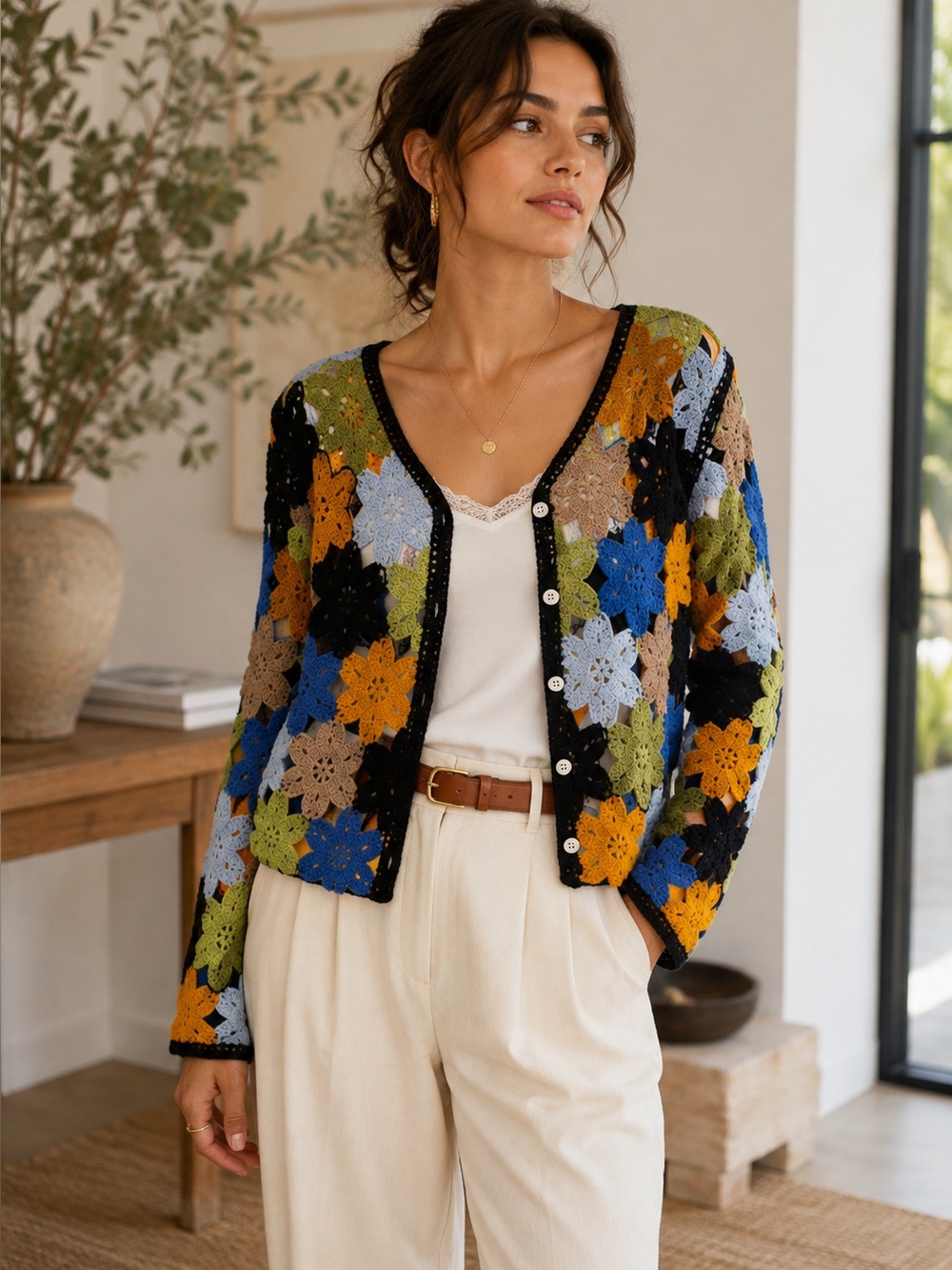 ShopEvelynne Black-Trim Multi-Color Crochet Floral Cardigan